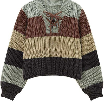 Striped Contrast Lace-up Knitted Sweater Pure Desire Style A