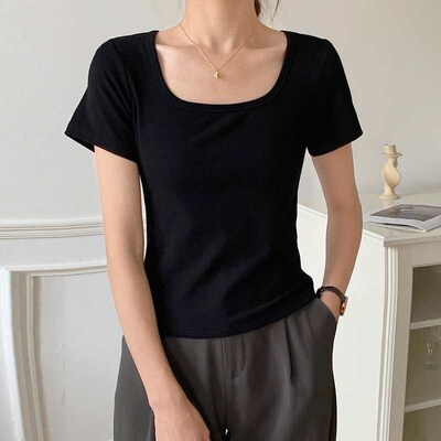Selection of cotton high-elastic thread square collar T-shir
