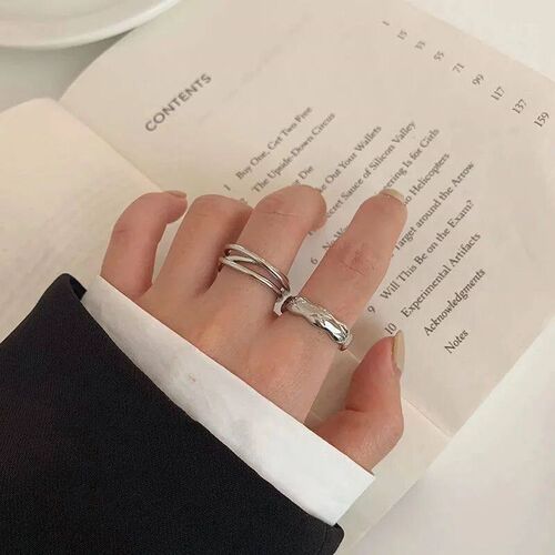 Silver Color Irregular Hollow Double Line Geometric Set Ring