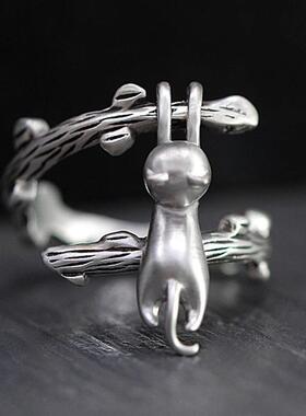 Japanese Style Cute Cat Ring for Men Women Simplicity Silver