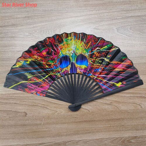 23cm Classic Folding Fan Hand Fans Rainbow Print Black Bambo