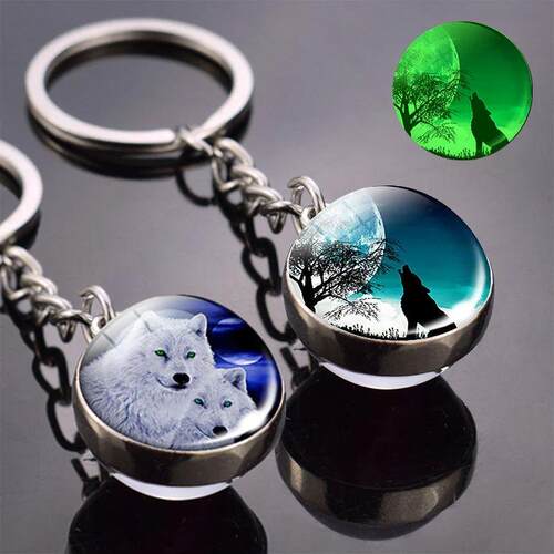 Glow in the Dark Wolf Key Chain Howling Wolf and Moon Keyrin