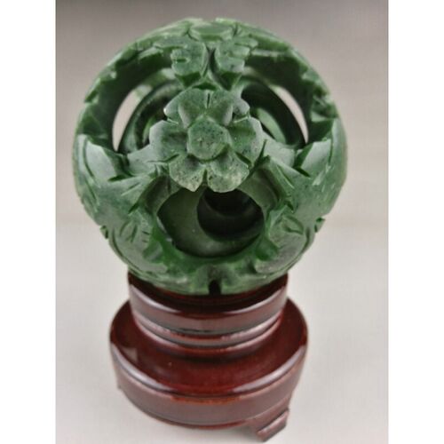 Chinese old green jade carved fengshui magic with wood base