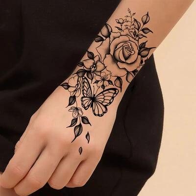 Waterproof Flower Temporary Tattoos for Women Black Floral T