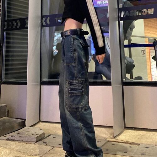 Women Vintage Washed Jeans High Sreet Loose Disressed High W