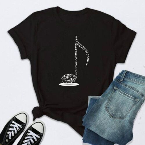 2022 Women Clothing Music Note Print Black Tops Female