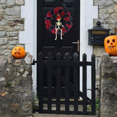 Black Rose Wreath Spooky Skull Wreath with Artificial Roses