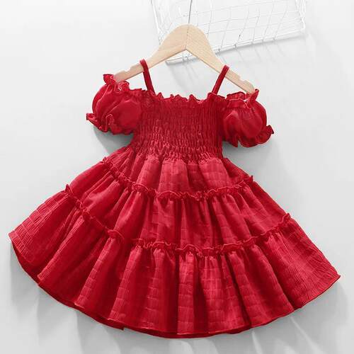 2024 New Summer Girls Dress Style Bud Sleeve Splicing Cake S
