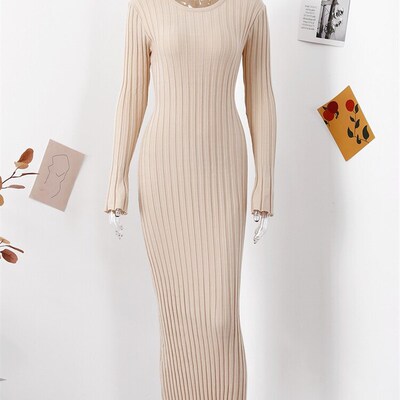 Elegant Knitted Pleated Maxi Dress Women 2023 Spring Ribbed