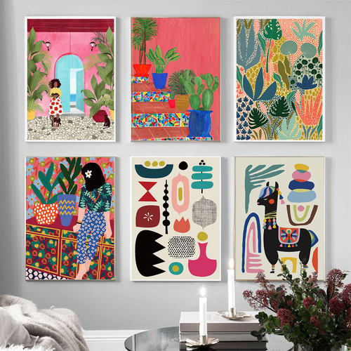 Modern Multicolored Abstract Garden PLants Wall Art Canvas P