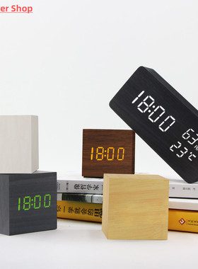 Alarm Clock LED Wooden Watch Table Voice Control Digital Woo
