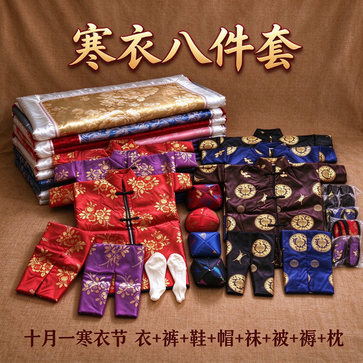 十月一寒衣新款加厚夹棉布料男女上衣裤子鞋帽袜被子褥子枕头龙凤被寒被批发唐装五件套三件套手工折纸八件套