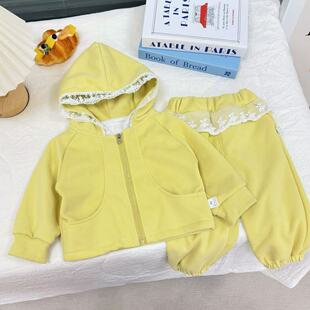 拼接弯兜童装春款秋季儿童女休闲上衣女宝黄色卫衣套装MW-LY-A31