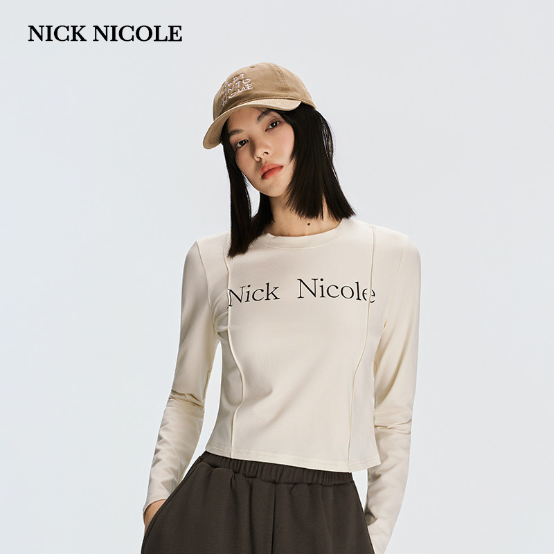 NICK&NICOLE2026年新款韩版秋季时尚T恤两边拼接长袖打底衫百搭