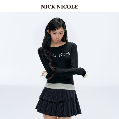 NICK&NICOLE小蝴蝶2026秋季底摆拼接长袖打底衫修身休闲松弛韩风