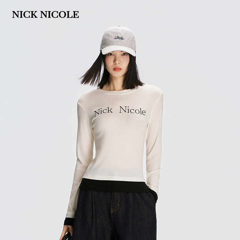 NICK&NICOLE2026年新款韩版时尚底摆拼接长袖打底衫修身休闲潮流