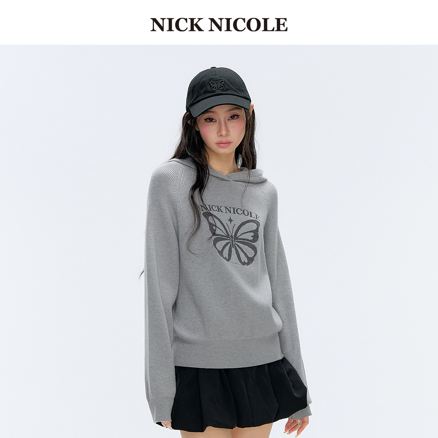 NICK&NICOLE小蝴蝶新连帽针织衫女秋季长袖上衣休闲毛衣松弛韩风