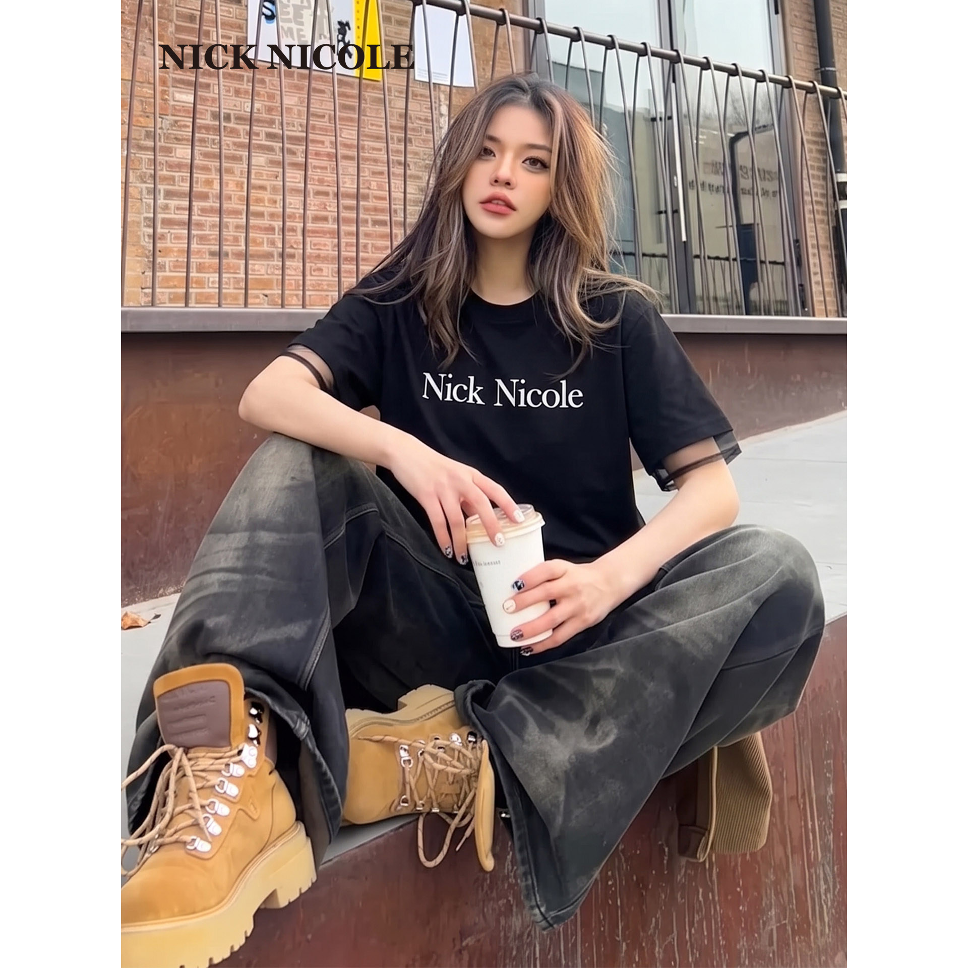 NICK&NICOLE2026新款韩版时尚女士短袖T恤字母领口袖口纱修身潮流