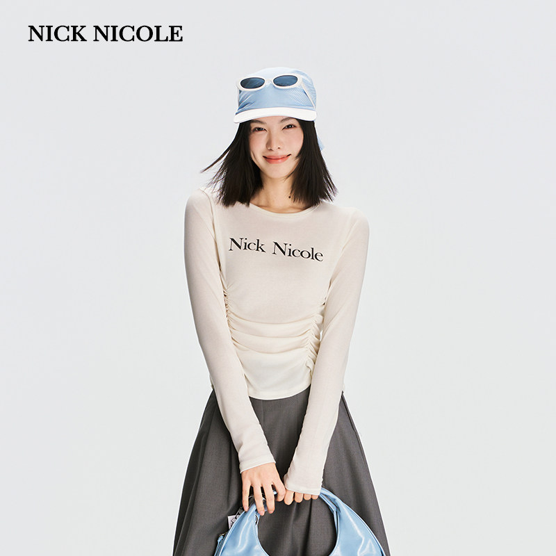 NICK&NICOLE2026春季新款韩版女T恤两边褶皱长袖打底衫修身潮酷