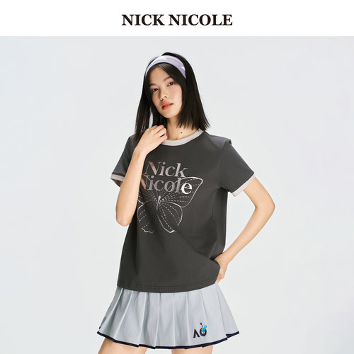 NICK&NICOLE小蝴蝶2026新款时尚通勤百搭T恤二排字母印花松弛韩风