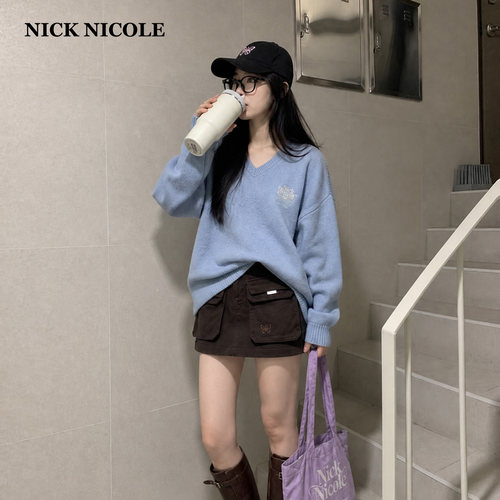 秋新款V领显瘦慵懒风针织衫女