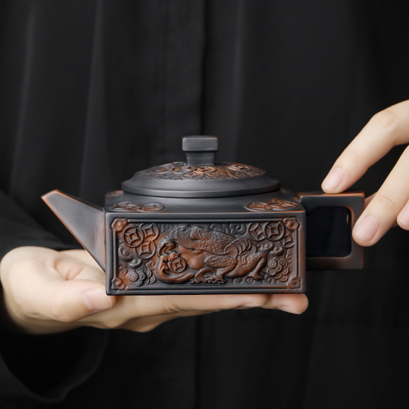 紫陶招财金蟾四方茶壶泡茶家用创意手工浮雕高档泡茶器中式单壶