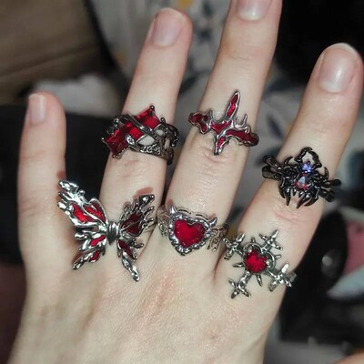 Goth Punk Retro Red Crystal Love Heart Cross Geometry