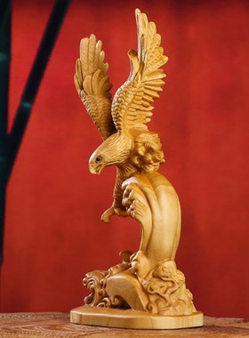 黄杨木雕大展宏图雄鹰大鹏展翅工艺品家居书房办公室桌面装饰摆件