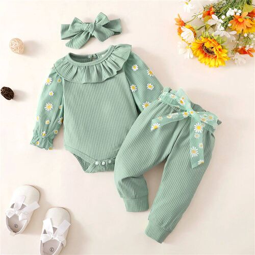 3Pcs Infant Newborn Baby Girls Fall Outfit, Daisy Print Long