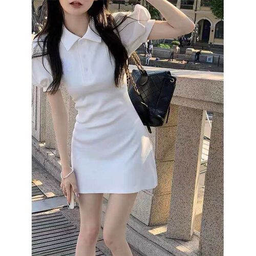 Pink Polo Collar Dress Womens Summer Bubble Lantern Sleeve