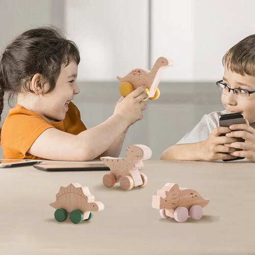Wooden Baby Car Toys Beech Wooden Dinosaur Cartoon Car Teeth