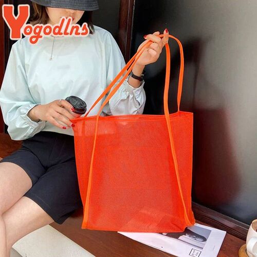 Yogodlns Trendy New Mesh Hollow Out Tote Bag Candy Beach Bag