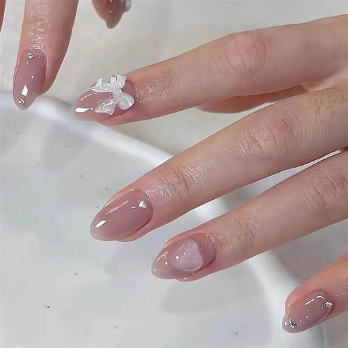 24pcs Pink Fake Nail Patch Sweet Korean Style False Nails Fu