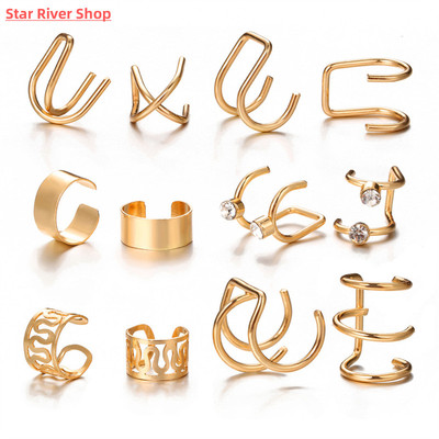 12pcs Bohemian Gold Color Ear Cuffs Leaf Clip Earrings For W