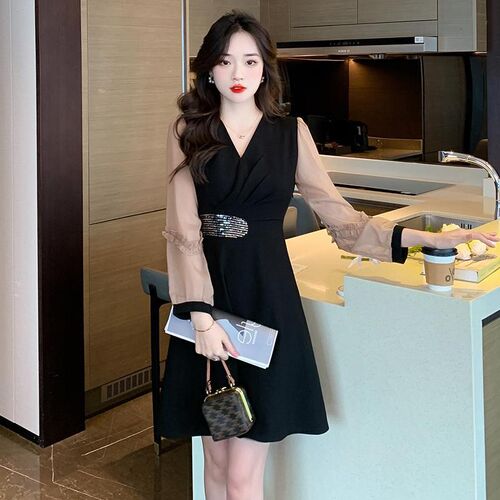 Autumn an winter new  V-neck temperament sequin stitching fi