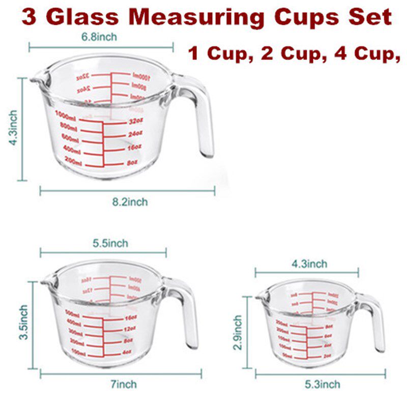 3PC Glass Measuring Cup Set Safe for Microwave Freezer
