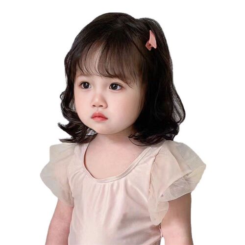 Short Curly Wig for Girls with Air Bangs Cute Kids Daily Ful