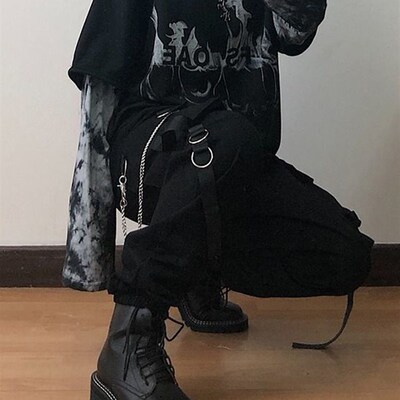 Gothic Cargo Pants Women Setwear Black High Waist Techwear T