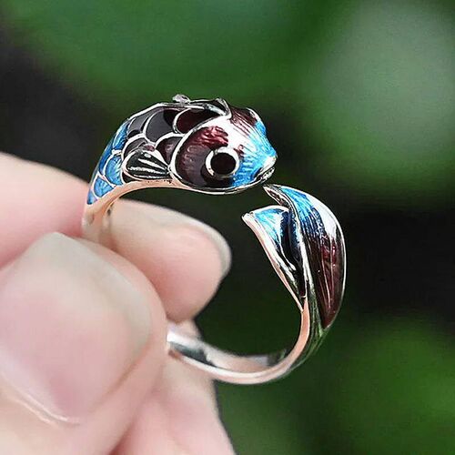 Silver Enamel Color Koi Fish Adjustable Ring Chinese Classic