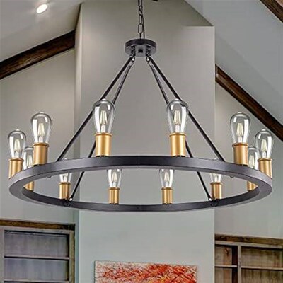Wellmet Farmhouse Chandelier,12 Lights Black Wagon Wheel