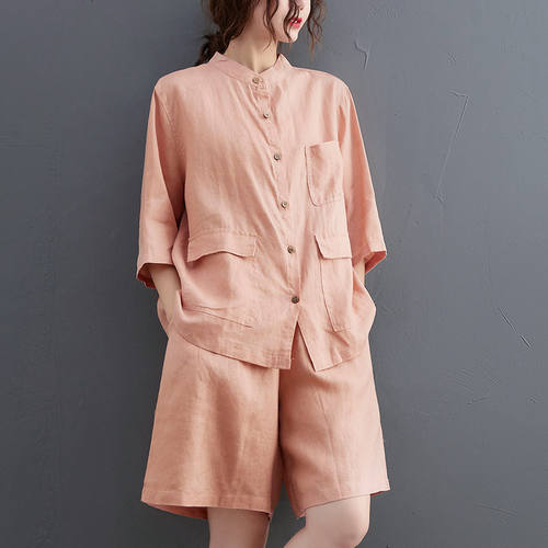 Cotton Linen Suit Womens Summer Loose Large Size Solid Stand
