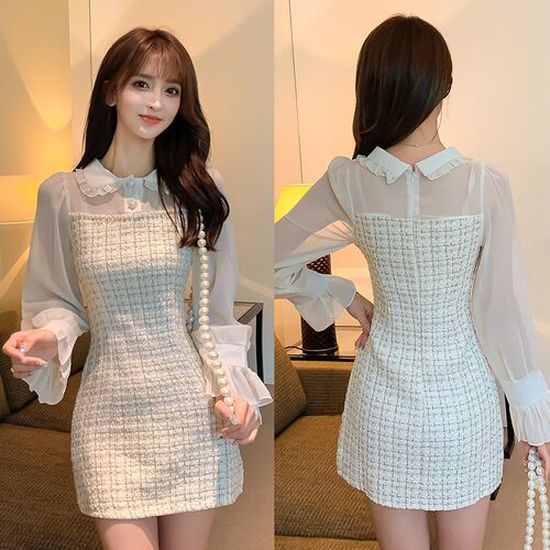 Fashion Women Woollen Dress Autumn Winter Plaid Tweed Patchw
