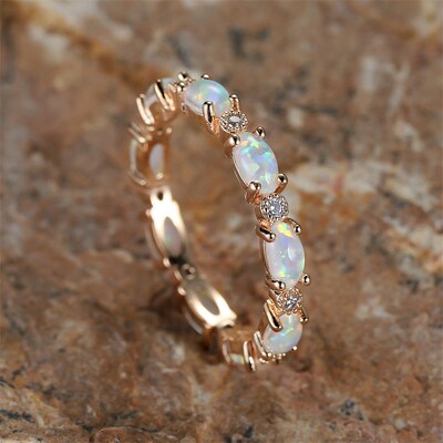 Bride Small Oval Stone Ring White Fire Opal Stacking Rings F