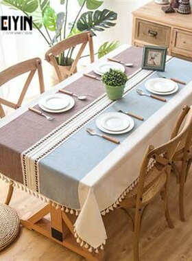 Cotton linen embroidered tassel tablecloth lace geometric