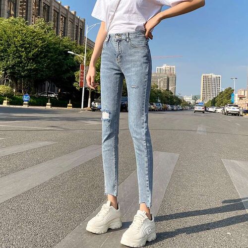 Nine-point hole jeans for women. New summer thin high-waiste
