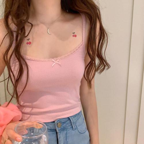 2021 Summer New Bow Lace Edge Crop Tops Off Shoulder Spaghet
