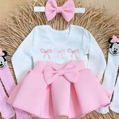 Infant Long Sleeve Romper Bow Print Skirt Headband Baby Long