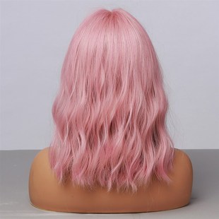 HAIRCUBE Wavy Synthetic Wig With Bangs Short Bob Pink Wigs C