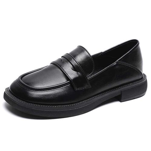 Black British Leather Shoes Womens Chunky Heel Spring and A