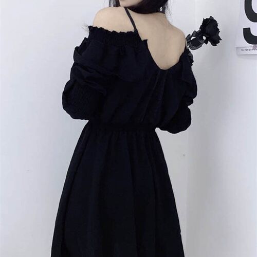 JMPRS Large Size Gothic Women Black Mini Dress Sexy Off Shou